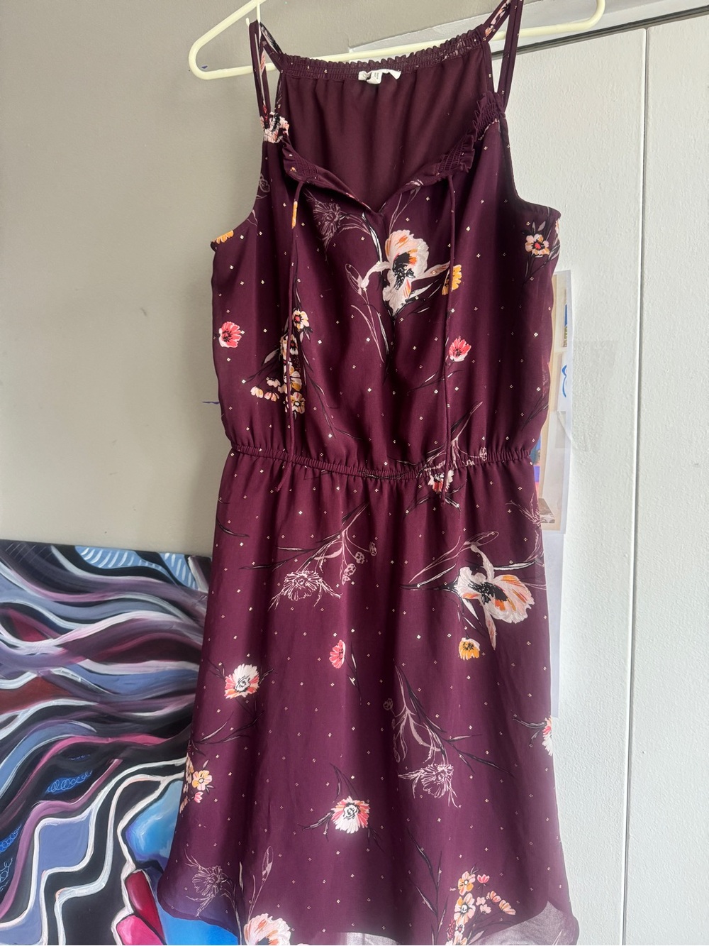 Plum Floral & Gold Foil Dot Sleeveless Dress Small